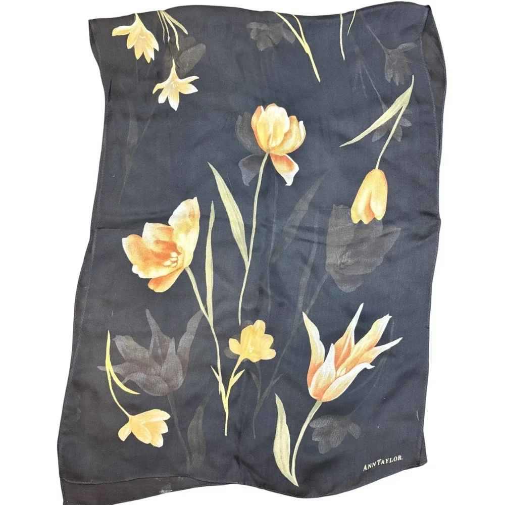 Vintage Ann‎ Taylor Silk Scarf Black Tulips Floral Print 90s Designer 40x15